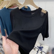 欧货设计感镂空露肩T恤女冰丝短袖针织薄款上衣衫洋气质黑色小衫