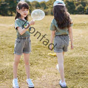 女童夏装套装2023韩版洋气衣服儿童短袖夏季牛仔短裤两件套潮