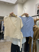  韩版夏季时尚十三行小清新短袖V领侧绑带设计棉麻上衣女衬衫