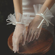 新娘手套白色蝴蝶结绑带短款网纱秋冬婚纱礼服婚礼全指纱手套