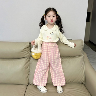 韩系女童T恤套装2024春装儿童洋气花边娃娃领打底衫卡通印花上衣