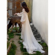 拖地长裙晨袍新娘女婚礼夏季感拖尾法式蕾丝白色睡袍梦幻睡美人