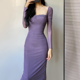紫色韵味2023秋季女性感，透视网纱御姐气质，修身长款过膝连衣裙
