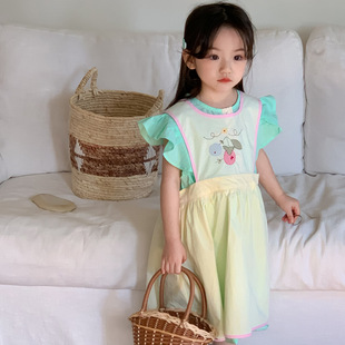 韩版女童裙套装夏季甜美棉布飞袖连衣裙女宝宝刺绣背心裙两件套