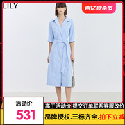 lily2024夏女装(夏女装)气质通勤款时尚百搭显瘦腰带五分袖衬衫连衣裙