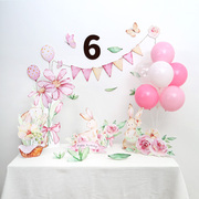 儿童生日派对布置周岁气球装饰kt板粉兔子小动物，手绘花花桌面立牌