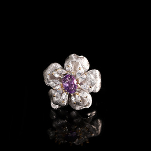 高颜值s925纯银戒指女开口夸张个性，紫晶花朵指环托帕石时尚洋气