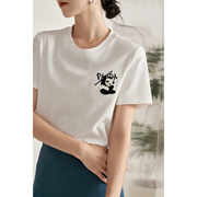 茵曼国潮熊猫刺绣短袖，白t恤女士，2024年夏季圆领纯色修身上衣