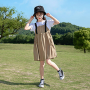 韩国女童背带裙夏装，中大儿童夏季短袖洋气公主，裙子假两件套连衣裙