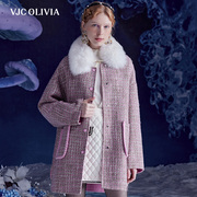 vjcolivia2023秋冬紫色，羊毛呢子大衣狐狸，毛撞色格纹外套女装