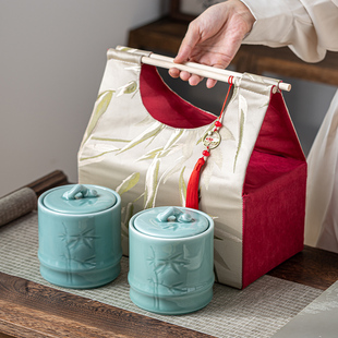 国风龙井茶包装礼盒高档中号龙泉釉陶茶罐，双罐竹纹布包可定制