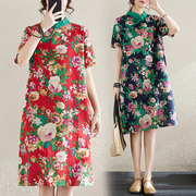 新中式夏款复古盘扣麻棉，改良旗袍连衣裙，斜襟印花中长款裙子短袖