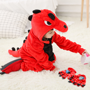 红恐龙儿童卡通动物连体，睡衣套装秋冬款，如厕版男女孩宝宝家居服