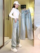 设计感小众珍珠牛仔裤女2023夏季大码时尚，宽松显瘦阔腿裤子潮