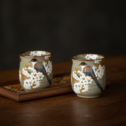 同合日本进口九谷烧双雀报春茶杯套装手绘日式釉下彩陶瓷家用杯子