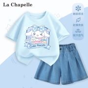 拉夏贝尔女童牛仔短裤夏季套装，2024洋气运动裙裤儿童夏装裤子