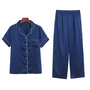 外贸夏季春秀短袖+长裤，仿真丝睡衣睡裤，两件套简约丝滑家居服套装