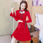 法式红色礼服裙年会，女秋冬季小香风纱网长袖，打底小个子连衣裙性感