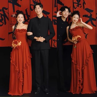 影楼主题红色抹胸婚纱甜美复古中国风情侣，摄影拍照写真礼服便装
