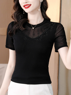 气质圆领网纱t恤女短袖夏季黑色，烫钻上衣修身洋气，性感打底衫