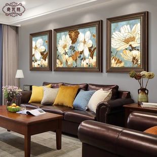 美式油画挂画客厅装饰画，沙发背景墙画欧式风格，三联画手绘复古壁画