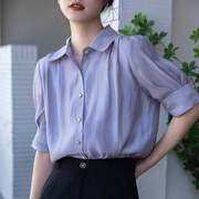 雪纺短袖衬衣女夏紫色泡泡袖衬衫设计感小众气质通勤垂感上衣