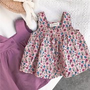 女童2023夏季纯色背，心上衣女宝宝纯棉短裤，韩国时尚碎花无袖衫