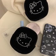 kitty零钱包~黑色丝绒闪钻KT猫咪便携钱包耳机包可爱化妆钥匙包女