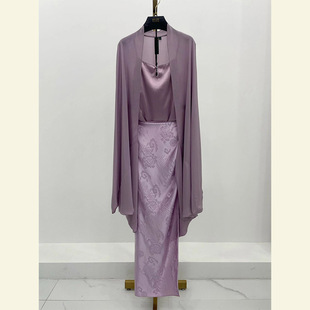 2024春季新中式国风高端轻奢长裙名媛小香风紫色，吊带连衣裙子套装