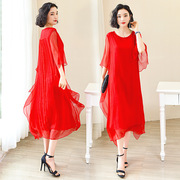 红色真丝连衣裙女中长款2023夏大码气质度假沙滩裙重磅桑蚕丝长裙
