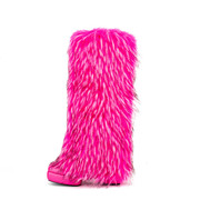 欧美外贸粉红色派对毛毛靴皮草中筒靴方头大码粗跟防水台女小腿靴