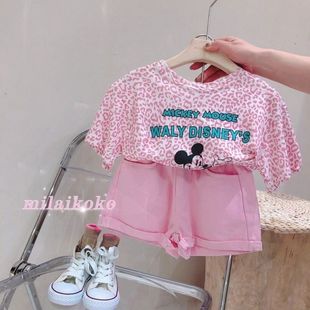 女童夏装套装2023儿童韩版豹纹T恤女宝宝洋气短袖短裤两件套.