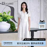 黛玛诗2025夏季新款温柔淑女风白色蕾丝连衣裙短袖V领大摆裙伞裙