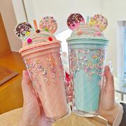 创意吸管杯高颜值少女水杯冰淇淋杯透明双层塑料可爱随手杯子