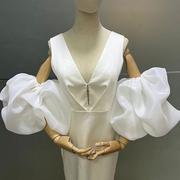 白色泡泡袖网纱婚纱礼服，手套遮手臂，手纱袖子新娘手套臂袖