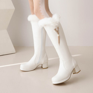 秋冬兔毛粗跟高跟甜美高筒女靴加绒棉靴保暖雪地靴女长靴大码