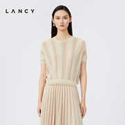 lancy朗姿2023夏季针织套头衫女条纹短款短袖，高级感修身上衣