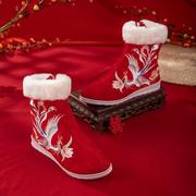 红色绣花靴子冬圆头加绒增高古风棉靴配古装中式新娘婚鞋汉服靴女
