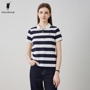 polowalk女士polo衫2024夏季藏青，条纹美式休闲时尚短袖t恤女