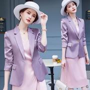 紫色修身西装外套女春秋，2024高端醋酸缎面小个子职业西服套装