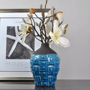 现代新中式浮雕网纹拼色圆肚直筒小口花瓶欧式家居客厅电视柜饰品