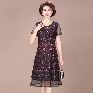 妈妈夏装连衣裙刺绣台湾纱洋气质中老年女装品牌高档短袖裙子
