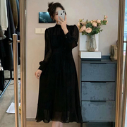 有内衬2024黑色连衣裙赫本风长袖气质高级感裙子女装