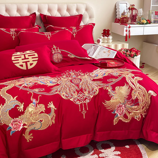 中式龙凤刺绣结婚四件套全棉，新婚大红色被套，纯棉婚庆陪嫁床上用品