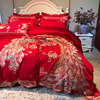 高档新中式婚庆床上用品四件套 大红刺绣纯棉结婚被套床单十件套