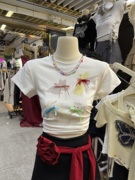 时尚十三行2024年韩版夏季净色甜美图案印花气质宽松圆领套头T恤