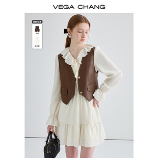 vegachang连衣裙套装女春装，2024年复古皮马夹，+荷叶边连衣裙