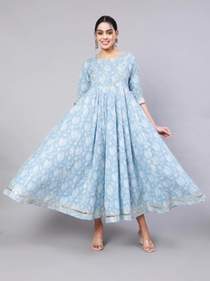 印度进口民族风情2024女装，纯棉印花套头收腰浅蓝色连衣裙