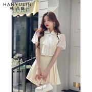 韩语琳空间娃娃领蕾丝拼接上衣衬衫纯色，不规则百褶裙半身裙套装