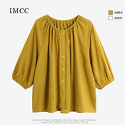 IMCC设计感小众纯色刺绣镂空插肩衬衫女2023夏宽松显瘦单排扣上衣